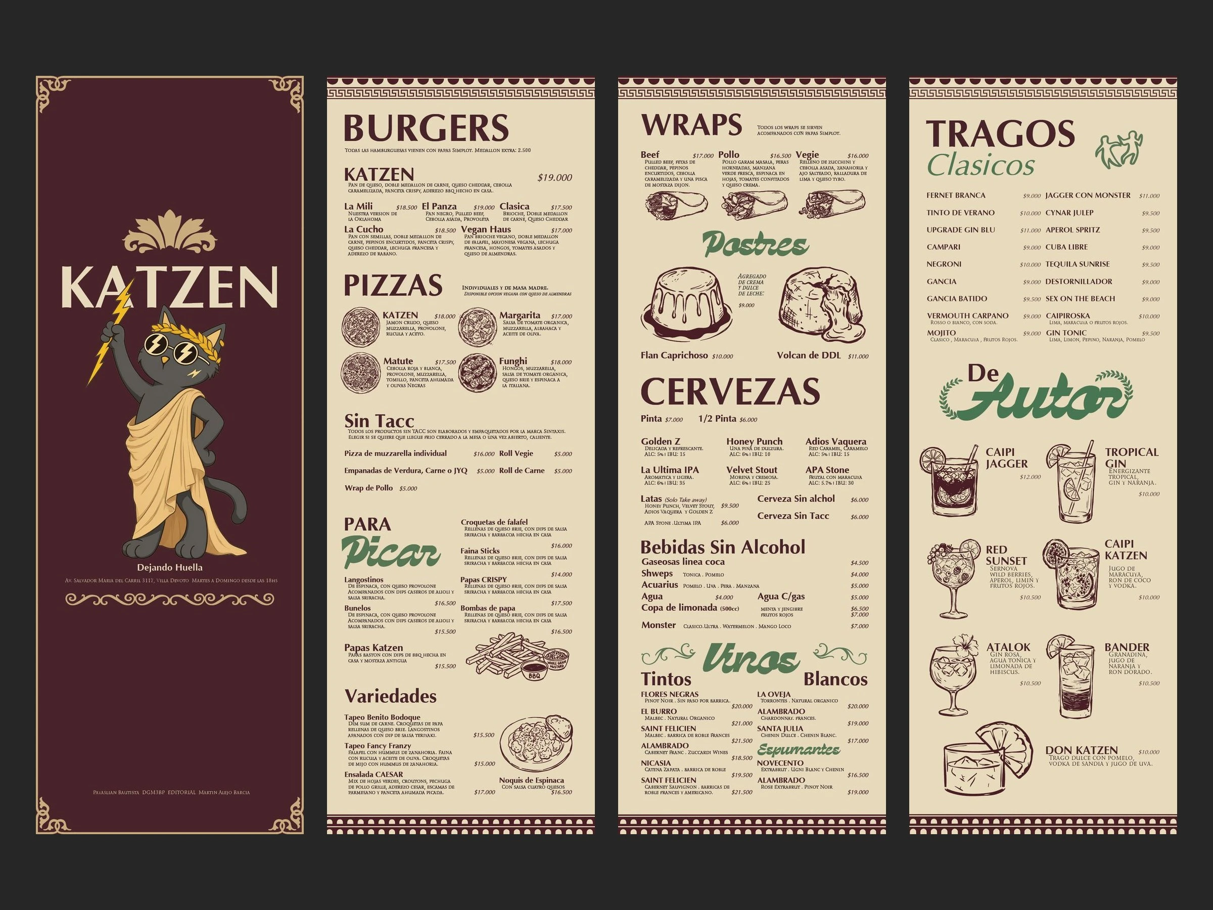 Los cuatro paneles de la carta uno al lado del otro: la tapa borravino con el gato en toga, y los tres interiores en pergamino con las secciones de burgers, pizzas, wraps, postres, cervezas, vinos y tragos