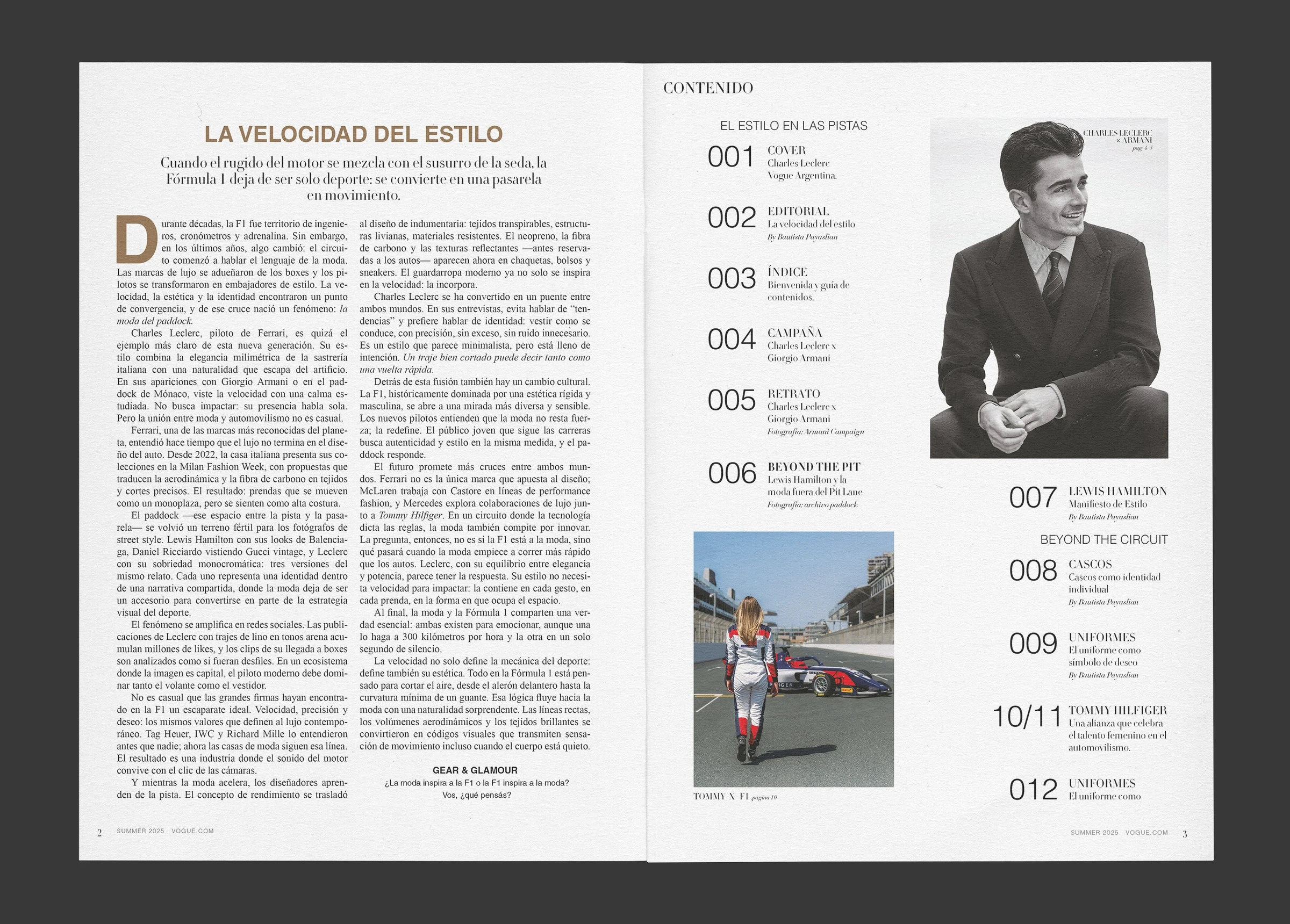 Pliego de apertura e índice: a la izquierda la nota La velocidad del estilo con capitular y texto a dos columnas, a la derecha el sumario numerado del 001 al 012