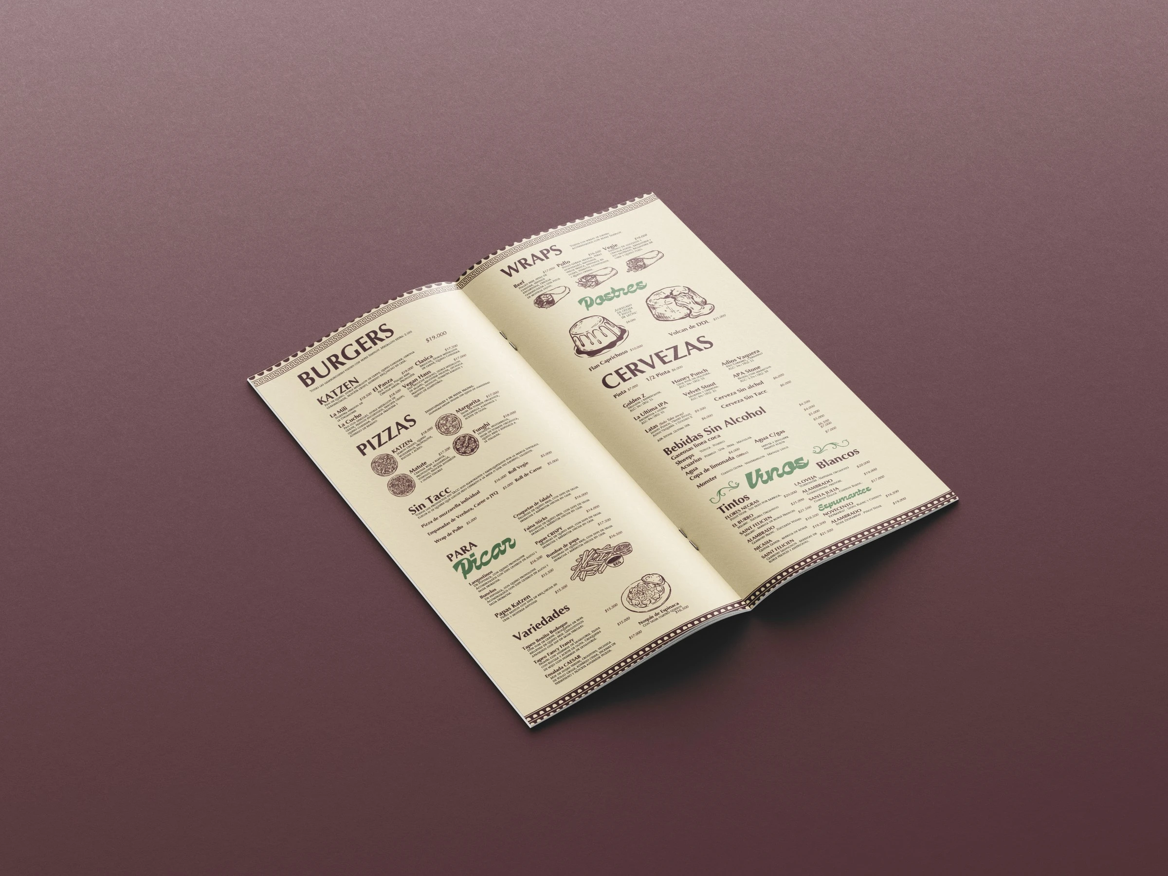 La carta abierta sobre fondo malva, con los paneles de burgers, pizzas, wraps y cervezas a la vista