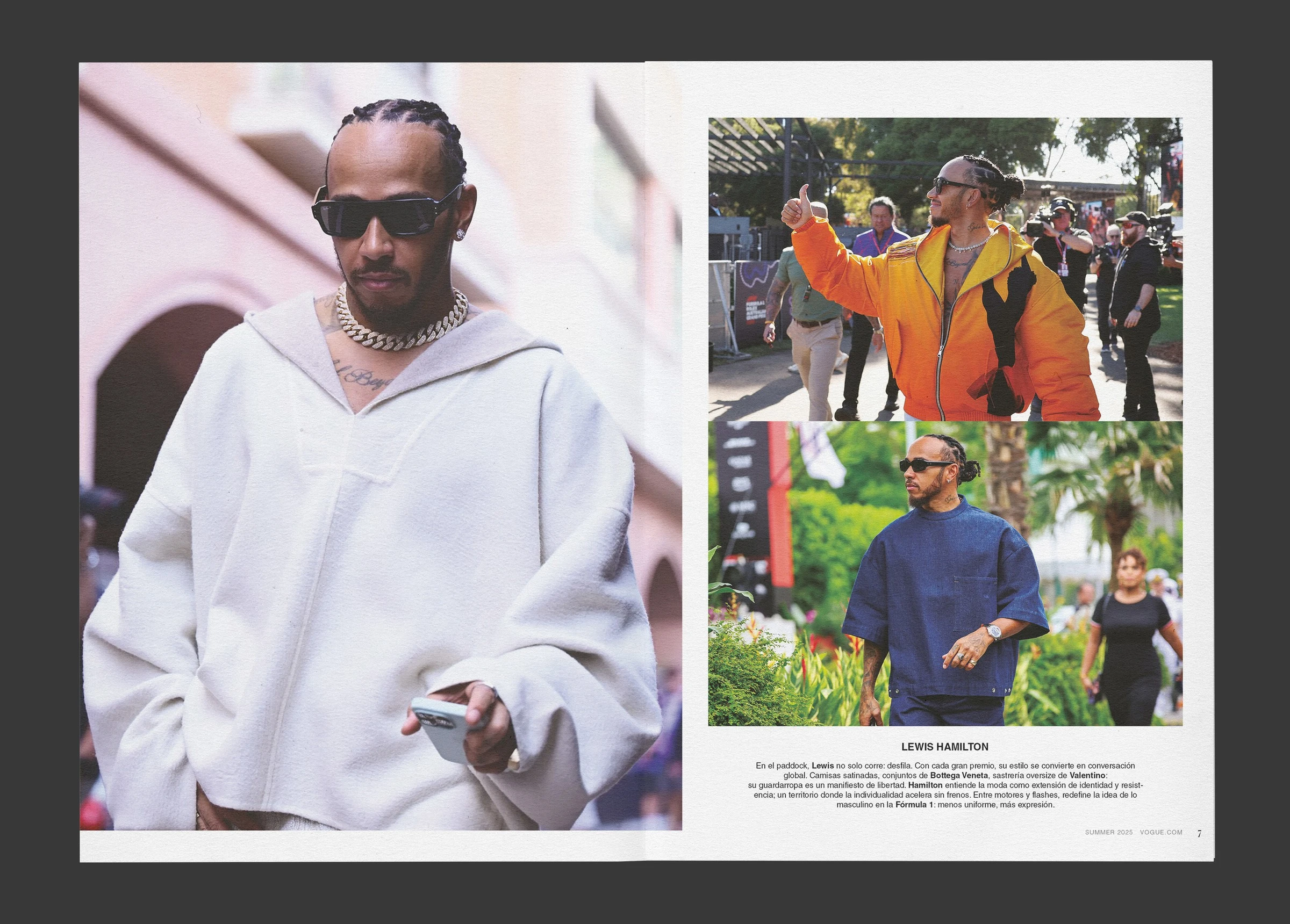 Pliego de street style con Lewis Hamilton a página completa y una grilla de tres fotos con epígrafe al pie