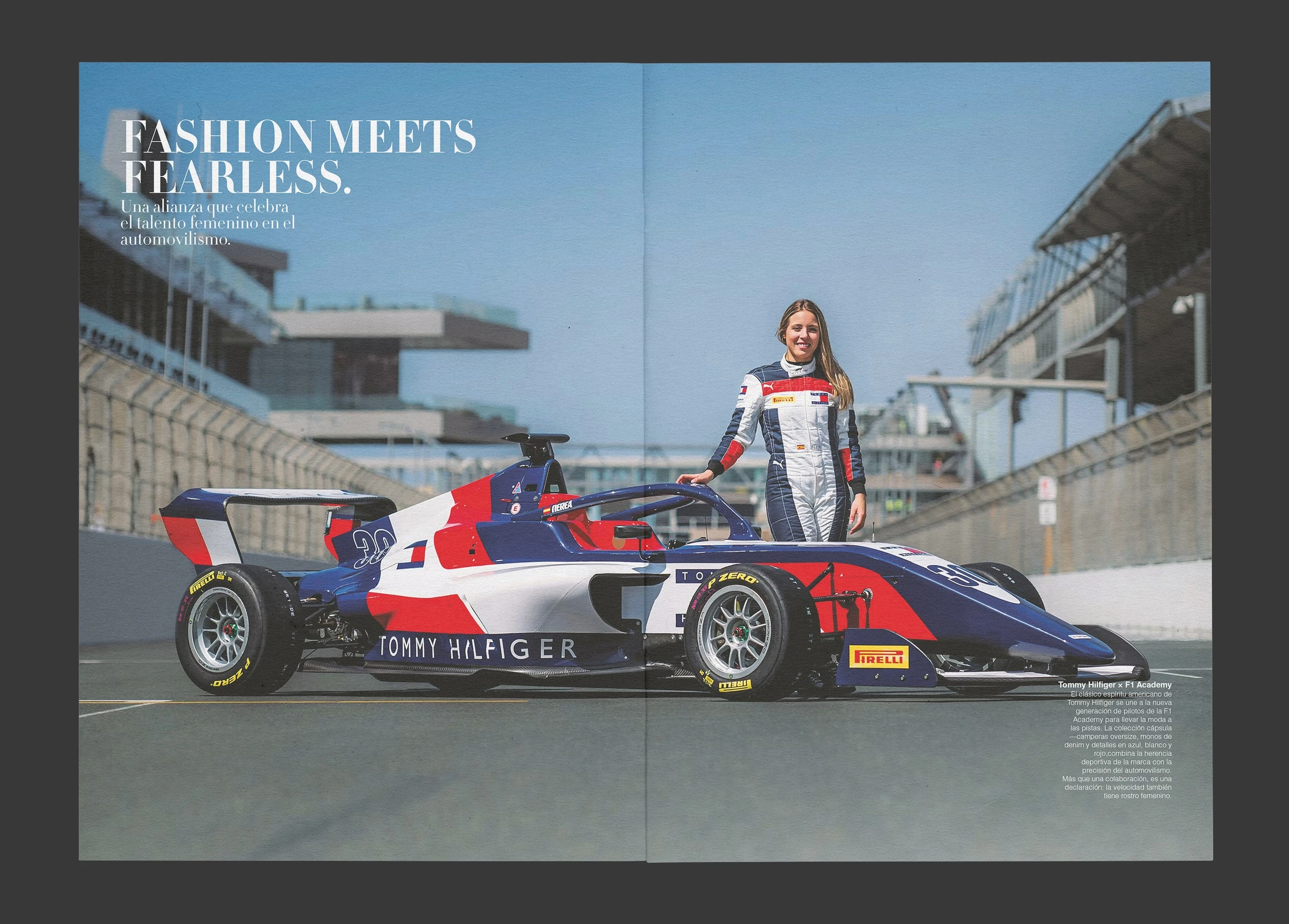Pliego de campaña a doble página: Fashion Meets Fearless, con una piloto junto a su monoplaza sangrando de lado a lado