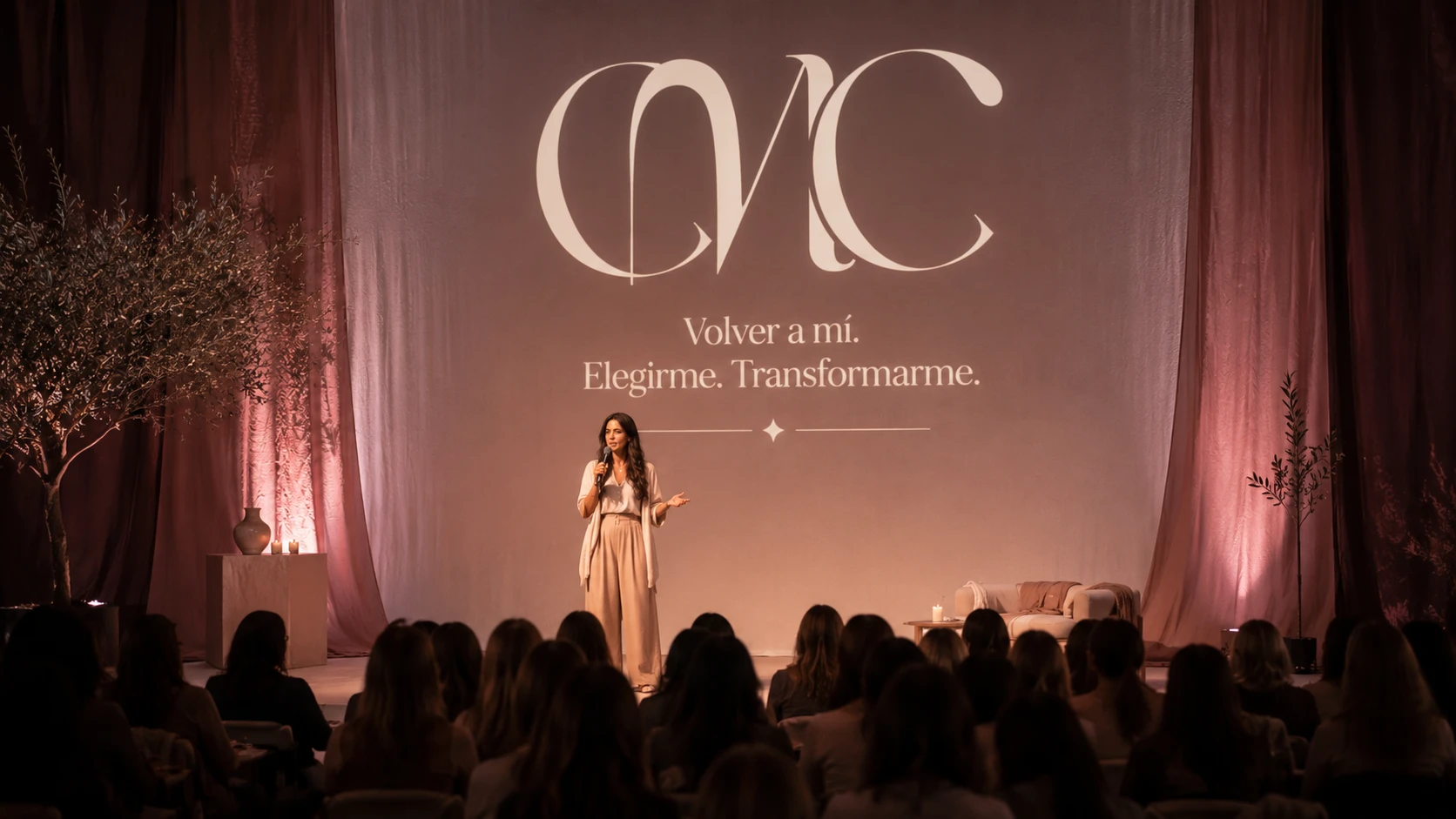 Evento CMC: oradora en escenario con el logo proyectado y el claim 'Volver a mí. Elegirme. Transformarme.'
