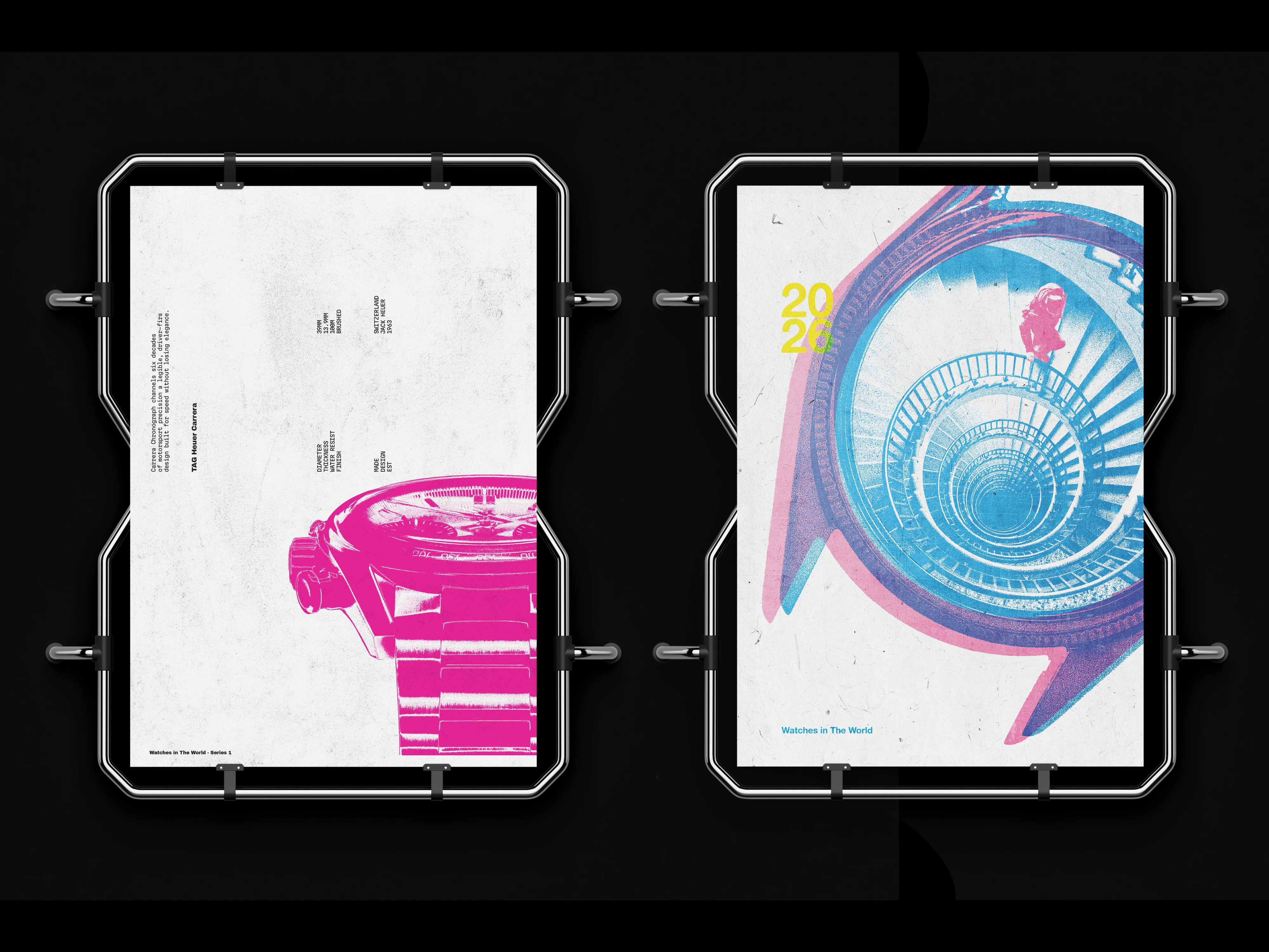 Los dos afiches de la serie enmarcados: a la izquierda un TAG Heuer Carrera en magenta con su ficha técnica rotada, a la derecha una escalera helicoidal en cian y rosa sobre la silueta de un reloj