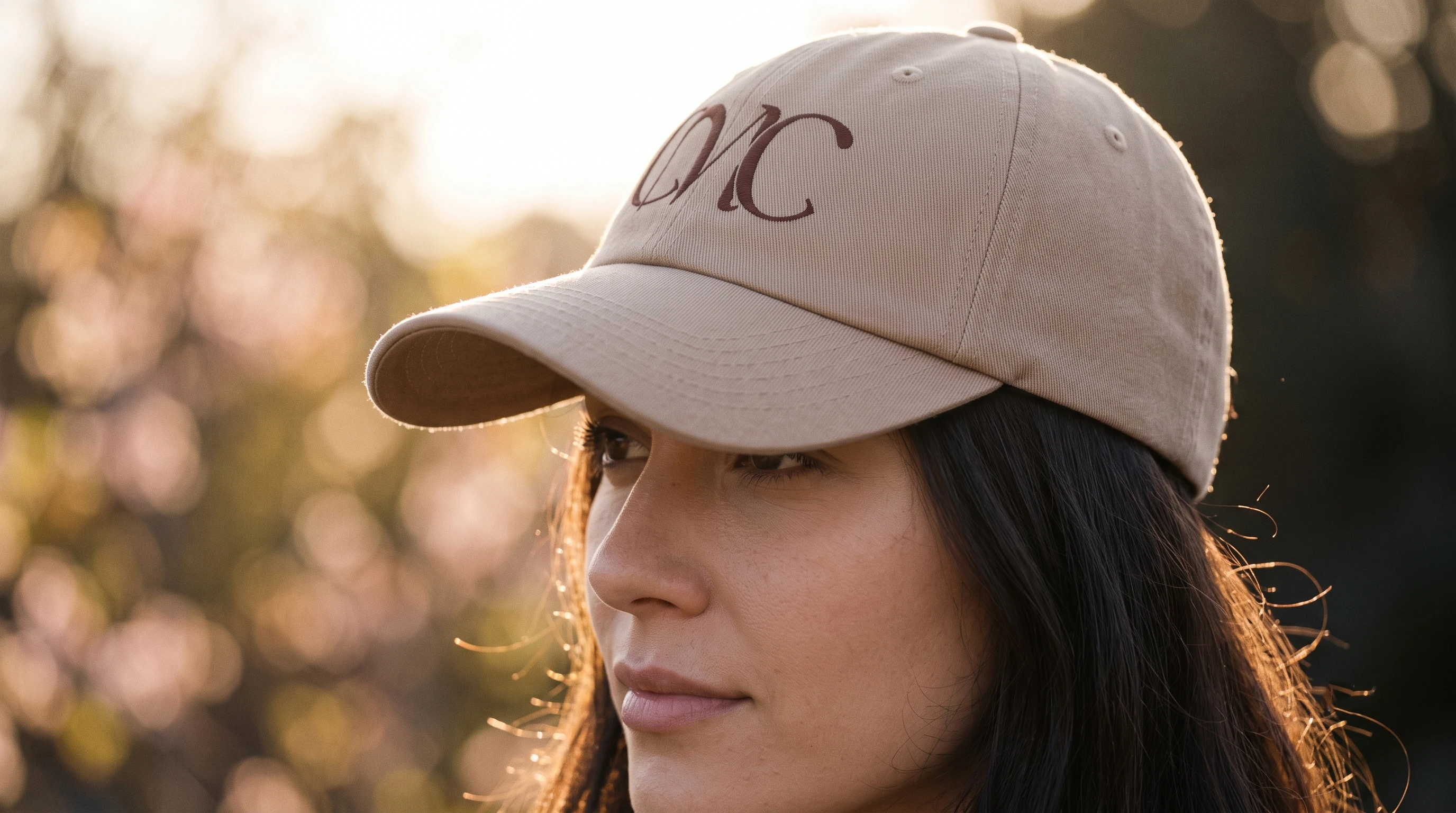 Gorra beige con el monograma CMC bordado, retrato a contraluz