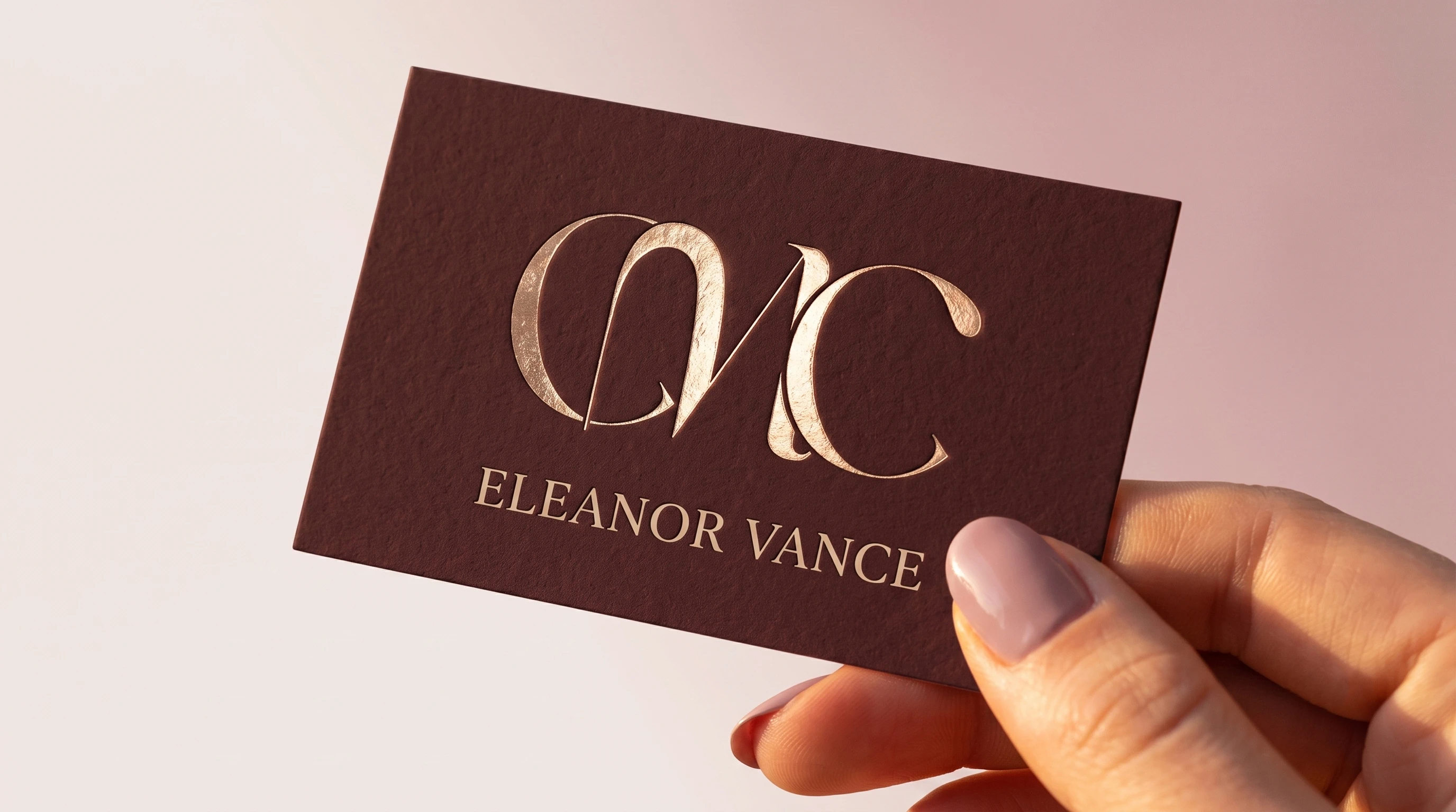 Tarjeta personal en tono cocoa con el monograma CMC estampado en dorado