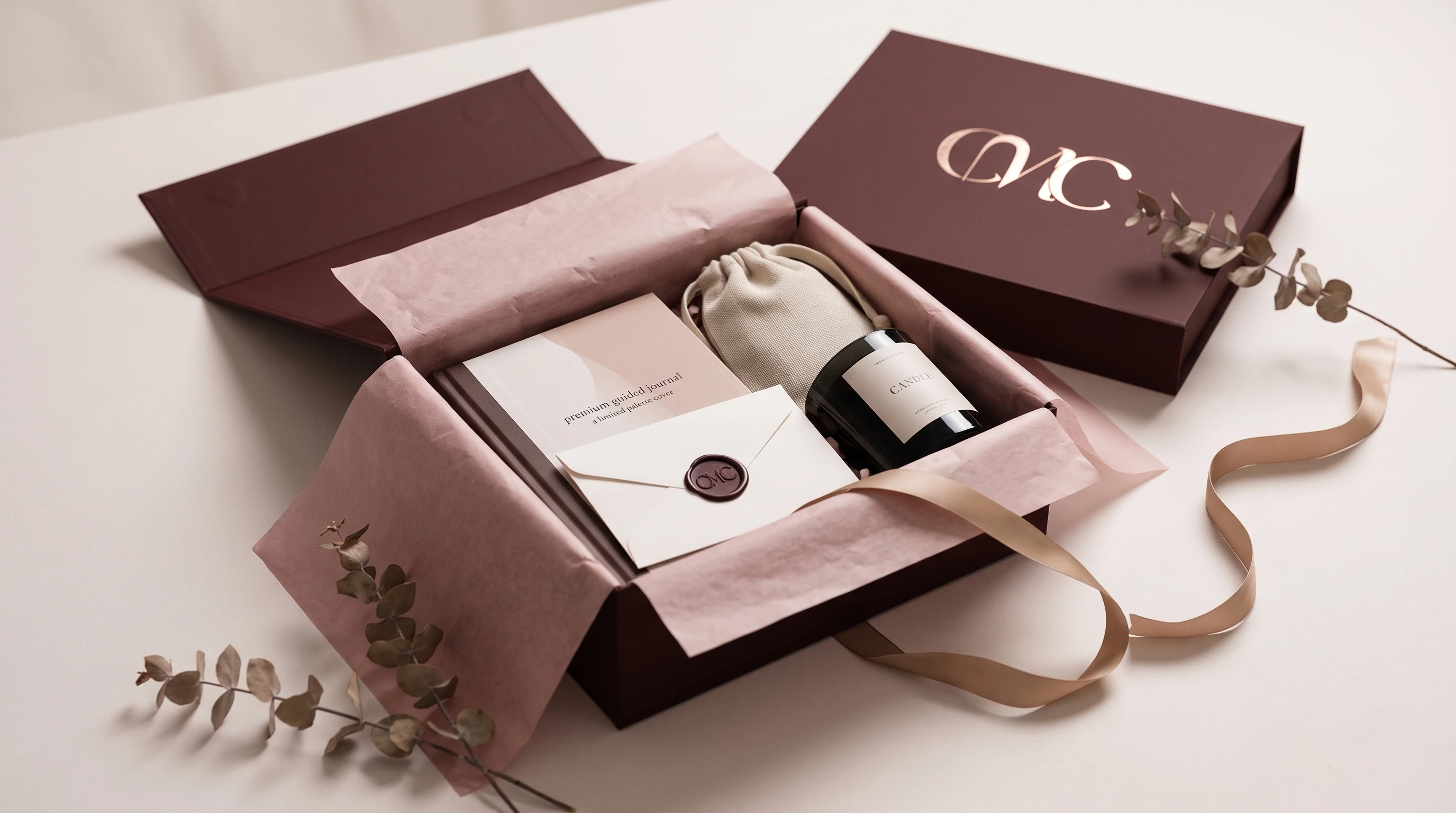 Gift box de bienvenida: journal, vela y sobre con sello de lacre CMC