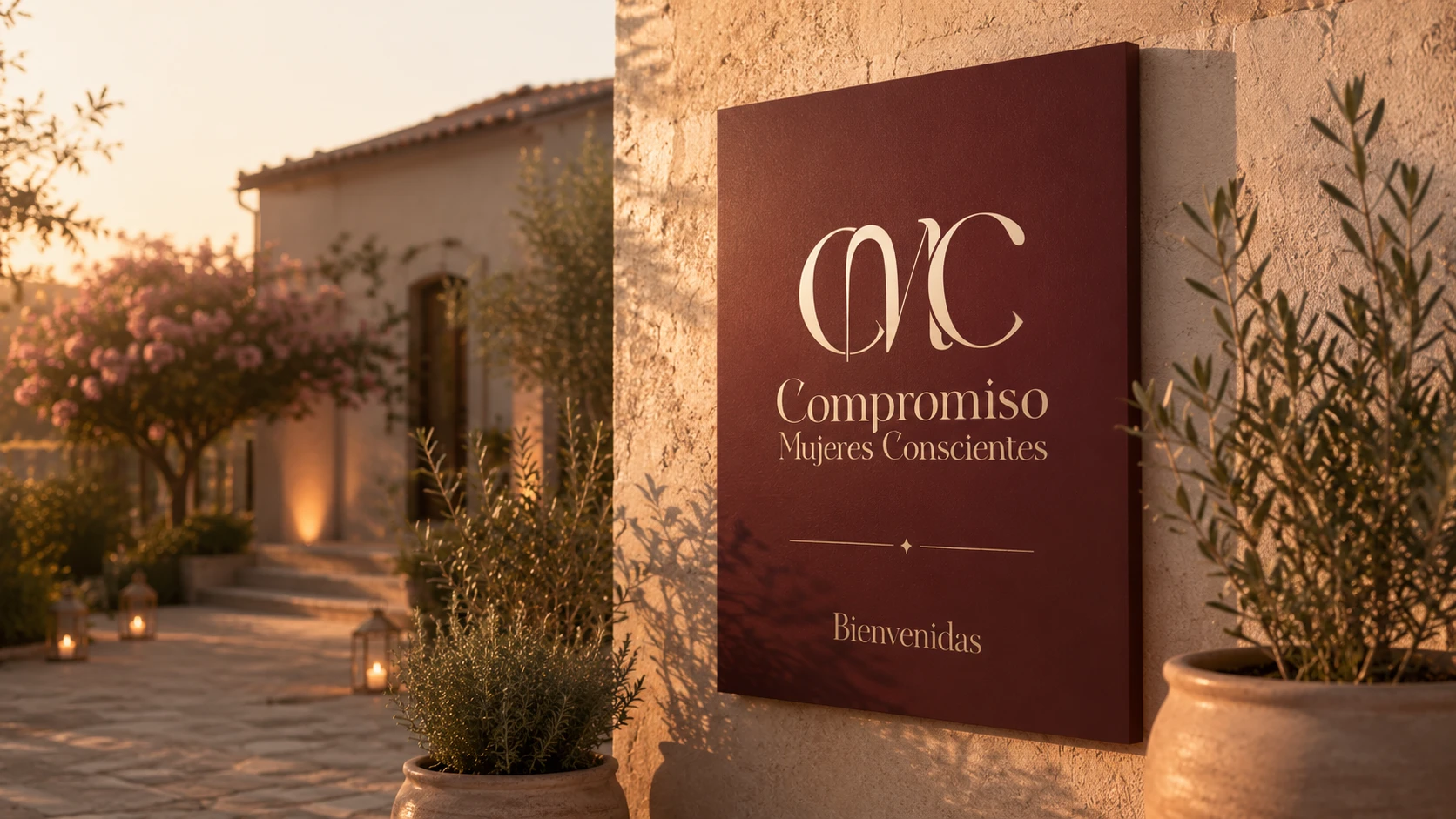 Cartelería 'Compromiso Mujeres Conscientes, Bienvenidas' en un muro al atardecer