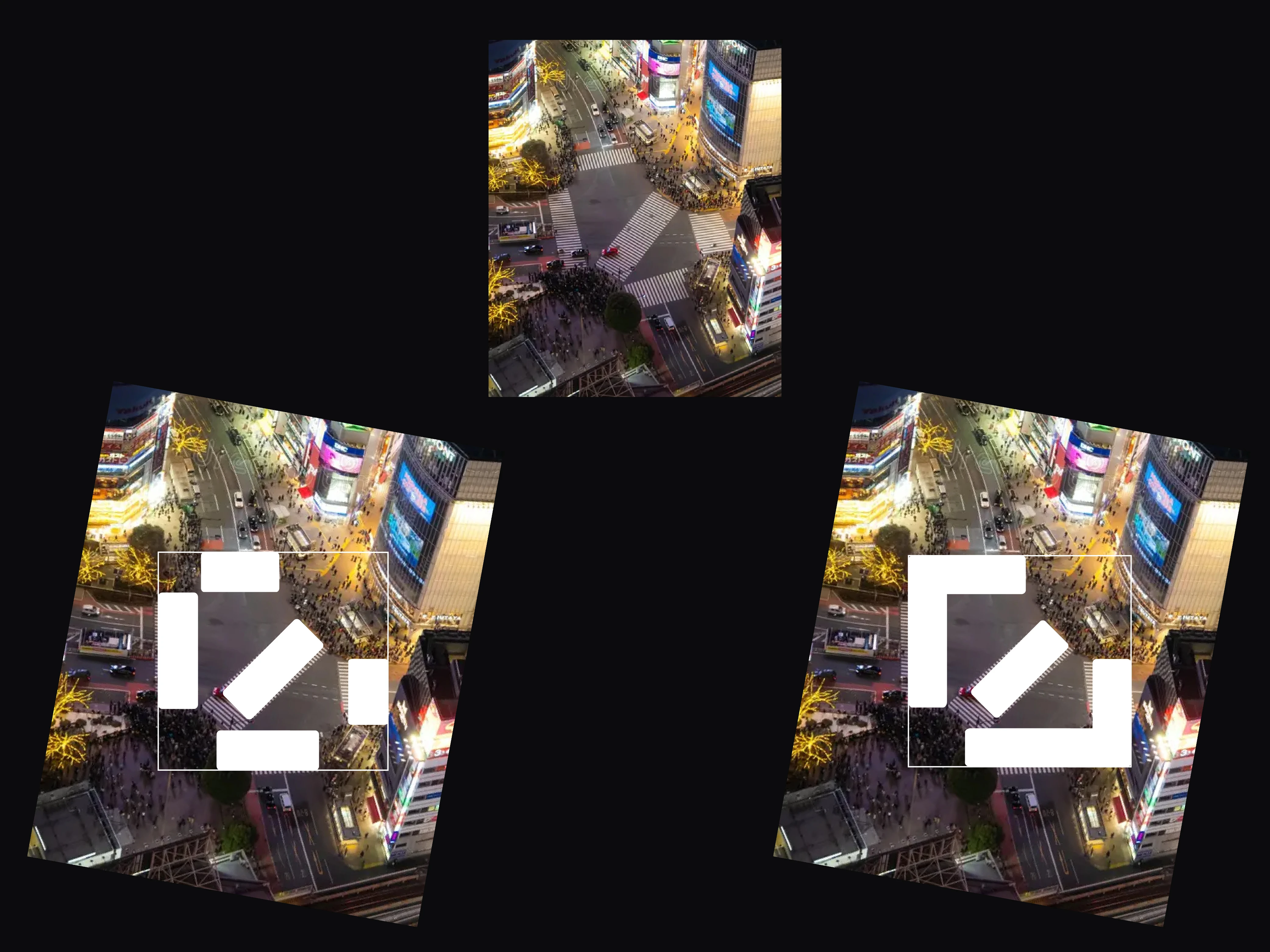Derivación del isotipo en tres pasos: la fotografía aérea del Cruce de Shibuya, el calco de las sendas peatonales convertidas en barras, y la forma final consolidada