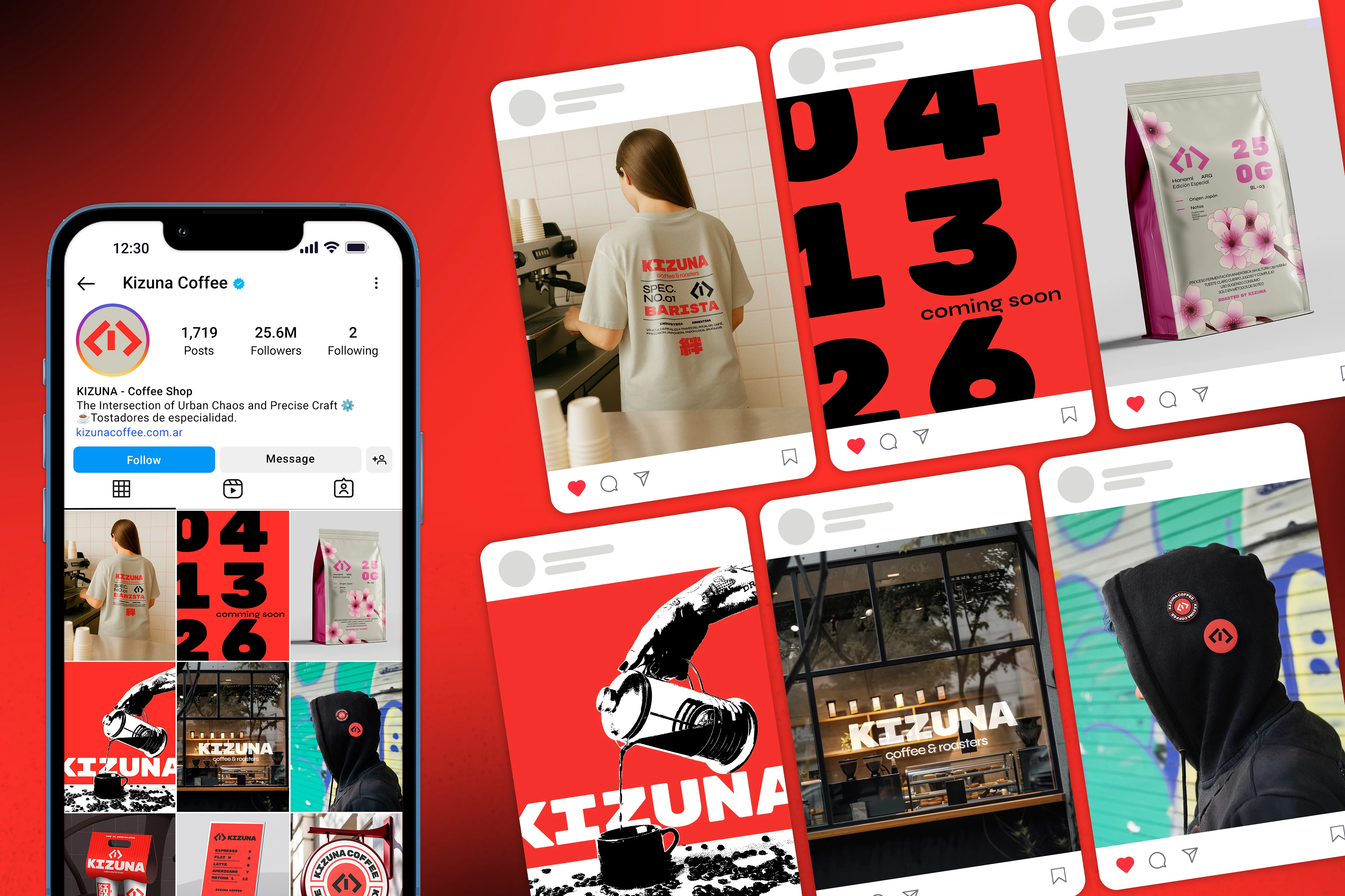 El sistema en redes: perfil de Instagram con el feed armado y seis posteos ampliados, entre ellos el uniforme de barista, la campaña de apertura en numerales, la bolsa Hanami, la ilustración de vertido en alto contraste, la fachada y el merch