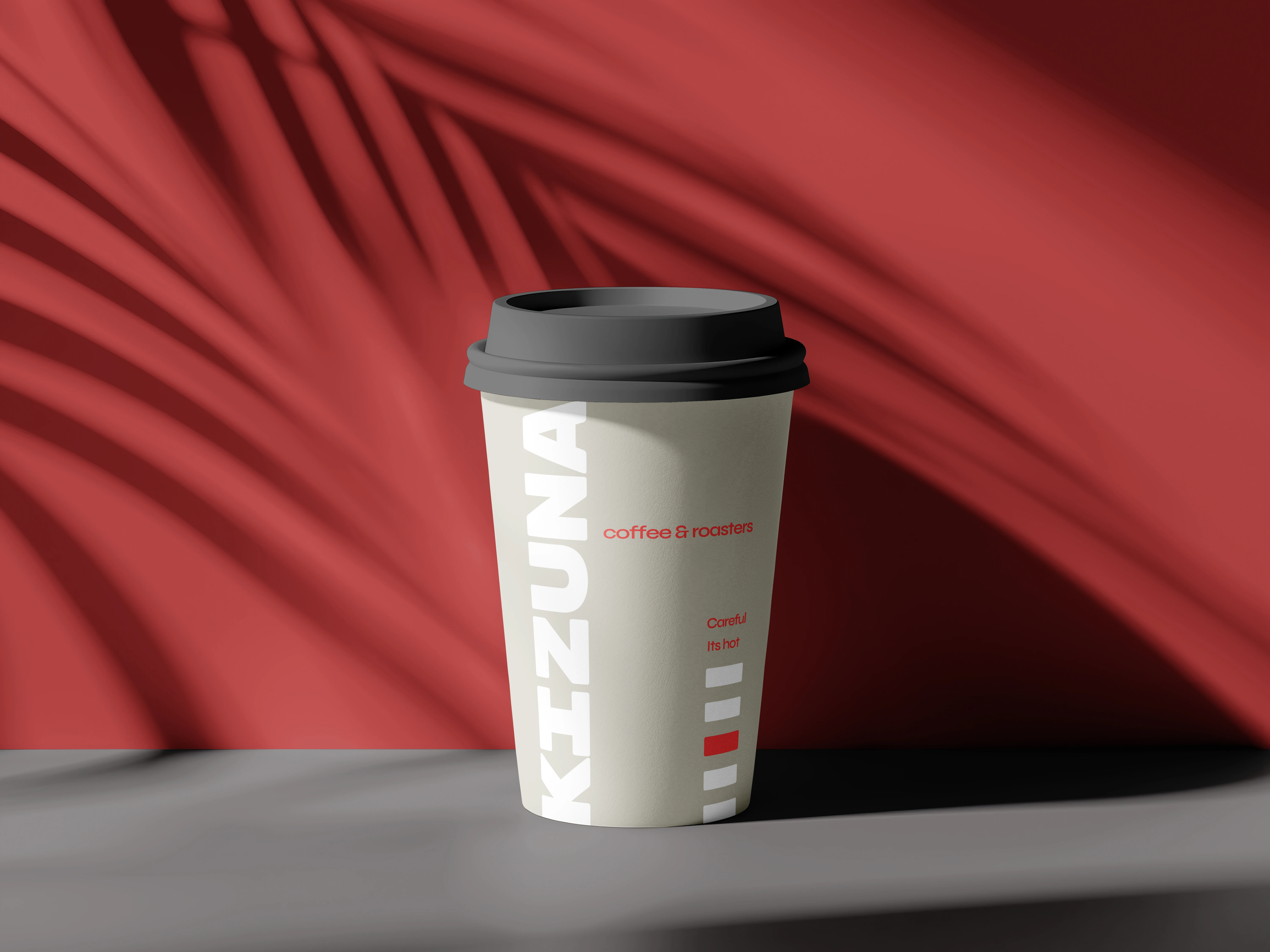 Vaso take-away Kizuna en crema, con el logotipo vertical y la escala de barras de especificación